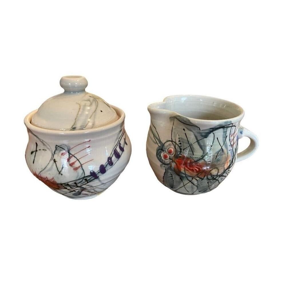 Jim Reno Folk Art Pottery Sugar Bowl and Creamer Set Dragonfly